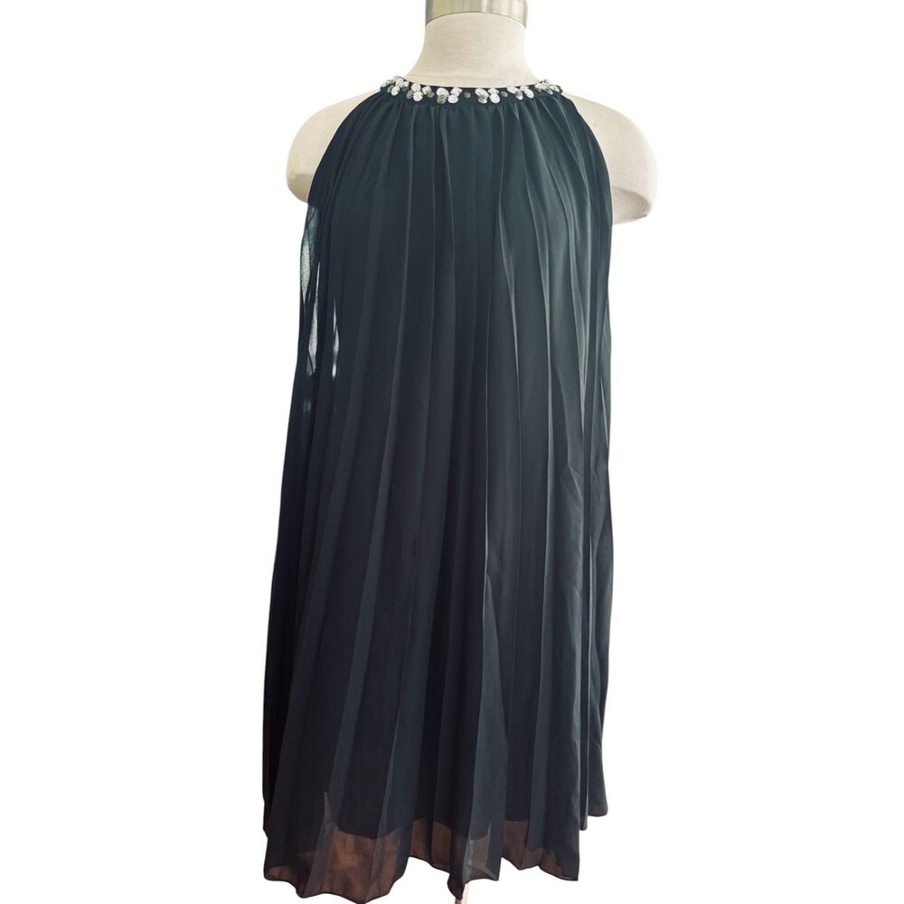NY & COM Wm XS Cocktail Black Dress Sheer Lined Pleated Halter Midi Bling Neck
